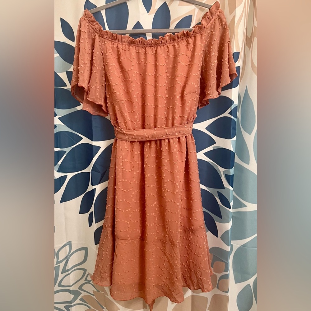 BloomChic Coral Off-Shoulder Ruffle Sleeve Polk Dot Textured Dress Size L/12